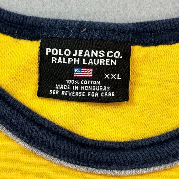 Vintage Polo Jeans Co Shirt Adult 2XL Yellow Blue Ringer Embroidered Logo 90s - Picture 2 of 11